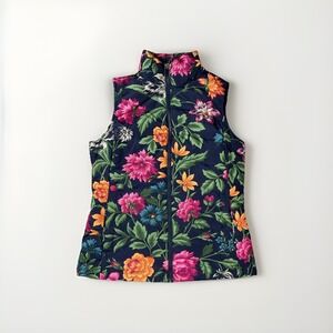 Lands' End Womens XS Floral Quilted Down Puffer Vest Navy Blue Fleece Pockets